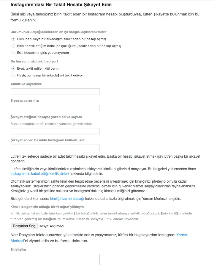 Instagram fake hesap şikayet etme formu